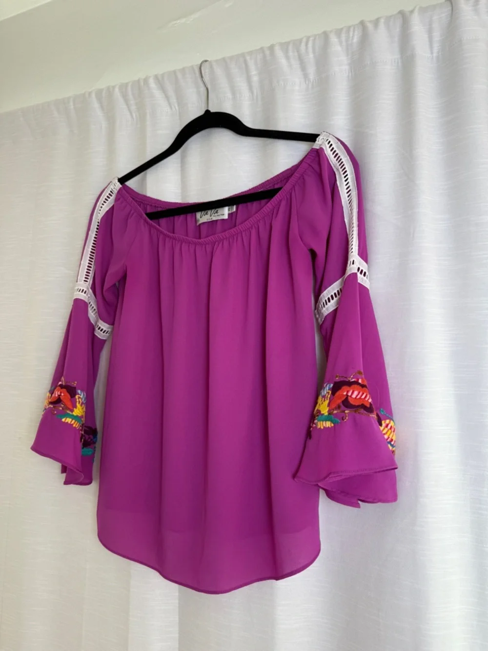 Vava by Joy Han Embroidered Off Shoulder Blouse Pink Boho Peasant Top | Size XS - Picture 6 of 10